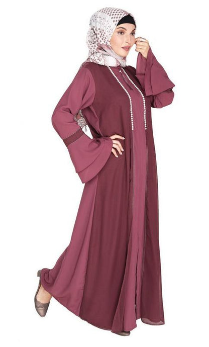 Dark Onion Pink Abaya with Georgette Panel Lined with Pearls