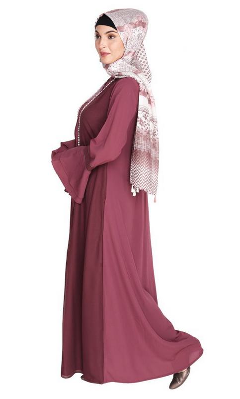 Dark Onion Pink Abaya with Georgette Panel Lined with Pearls (Made-To-Order)