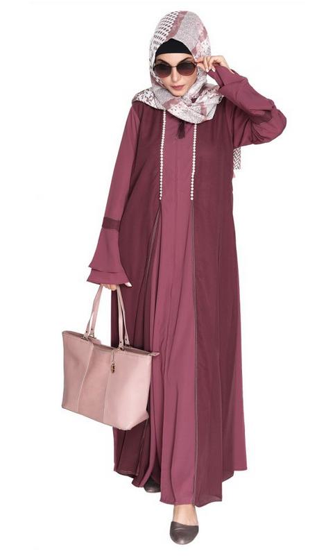 Dark Onion Pink Abaya with Georgette Panel Lined with Pearls